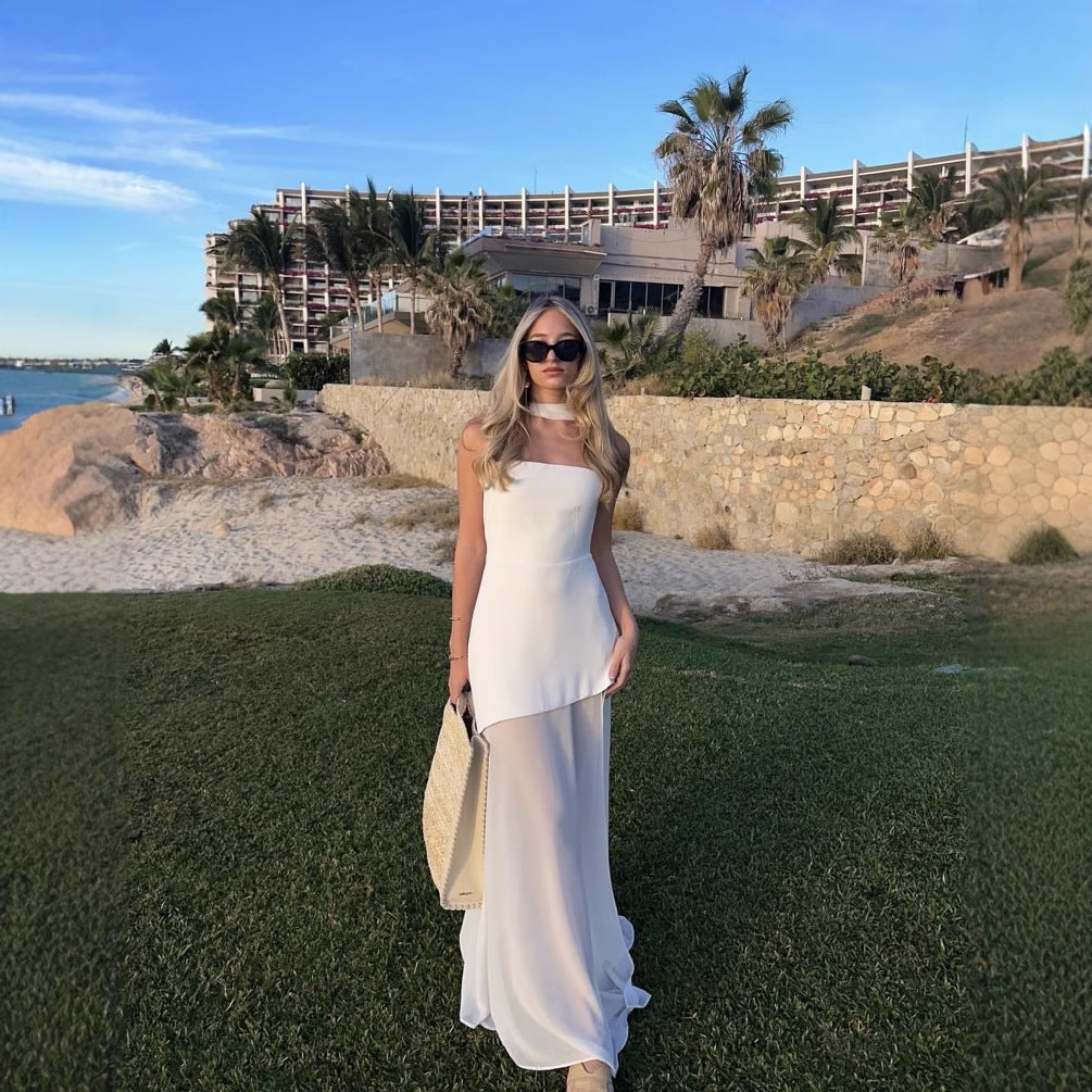 Strapless Tube Choker Neck Asymmetric Bodice Sheer Maxi Dress