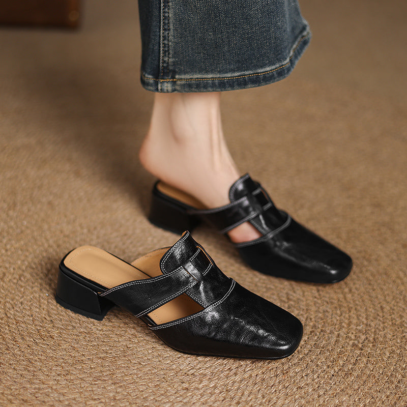 Pointed Toe Block Heel Slip On Mules