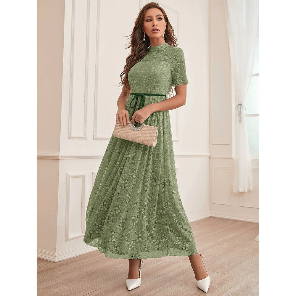 Mock Neck Short Sleeve Lace Belted A-Line Maxi Dress