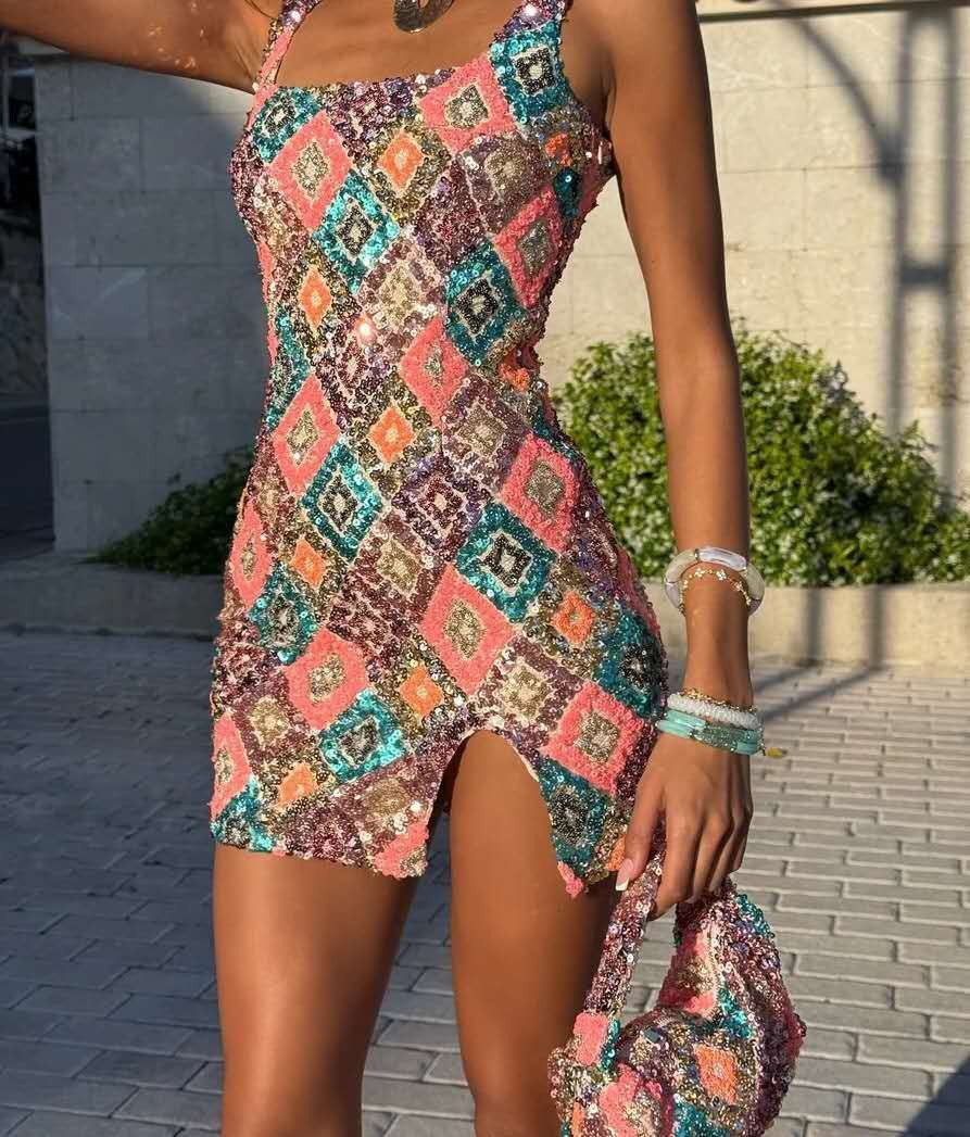 Sequin Square Neck High Split Bodycon Mini Dress Party 11