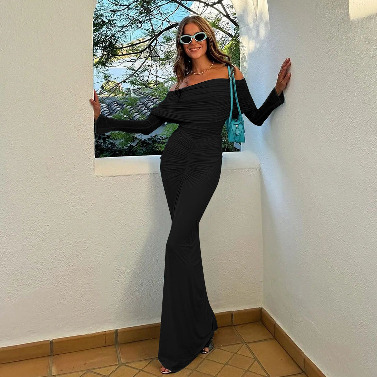 Off Shoulder Mesh Pleated SocialiteElegant Micro Maxi Dress - View 4