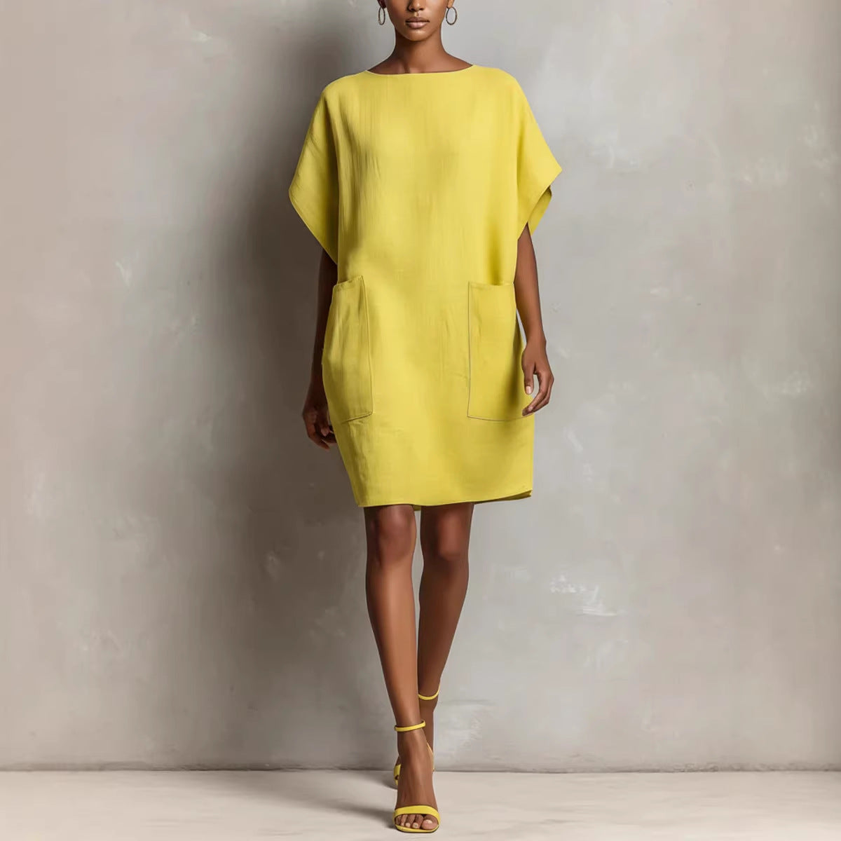 Boat Neck Batwing Sleeve Pocket Shift Mini Dress