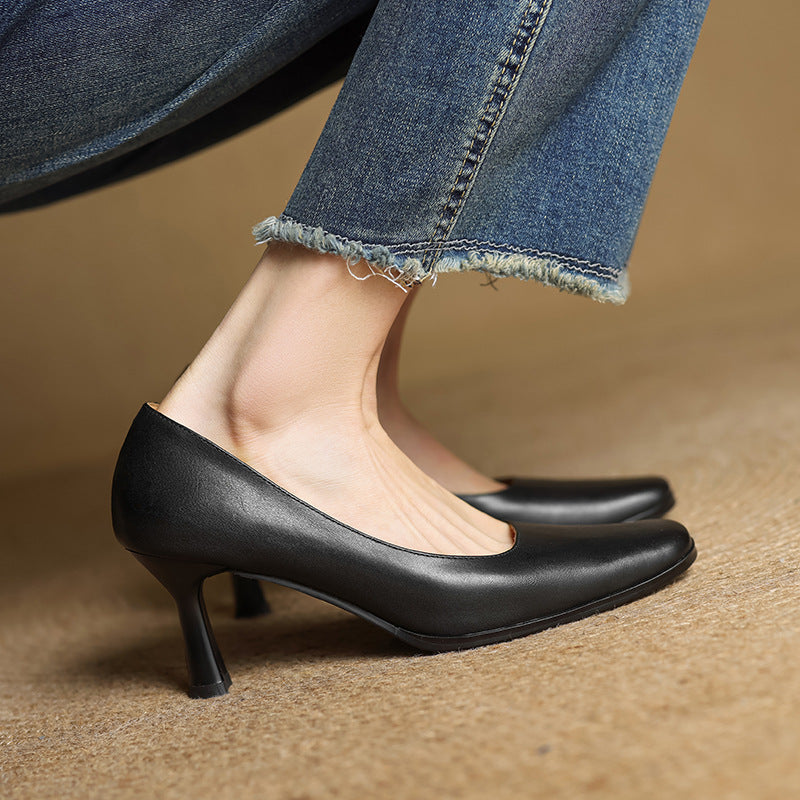 Square Toe Slip On Kitten Heel Leather Pumps