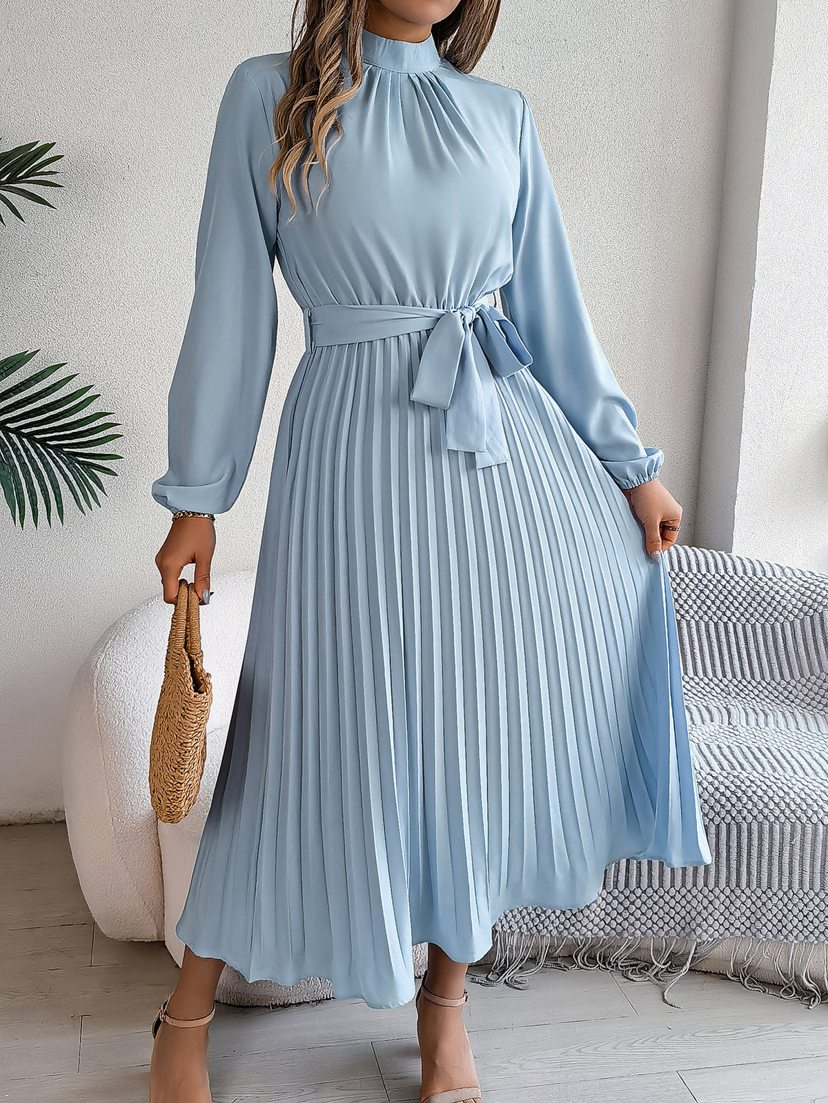 Mock Neck Long Sleeve Tie Waist Pleated A-Line Midi Dress 9