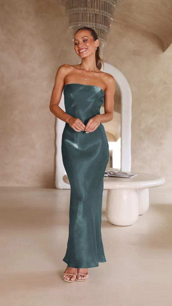 Strapless Bandeau Satin Column Bodycon Maxi Dress