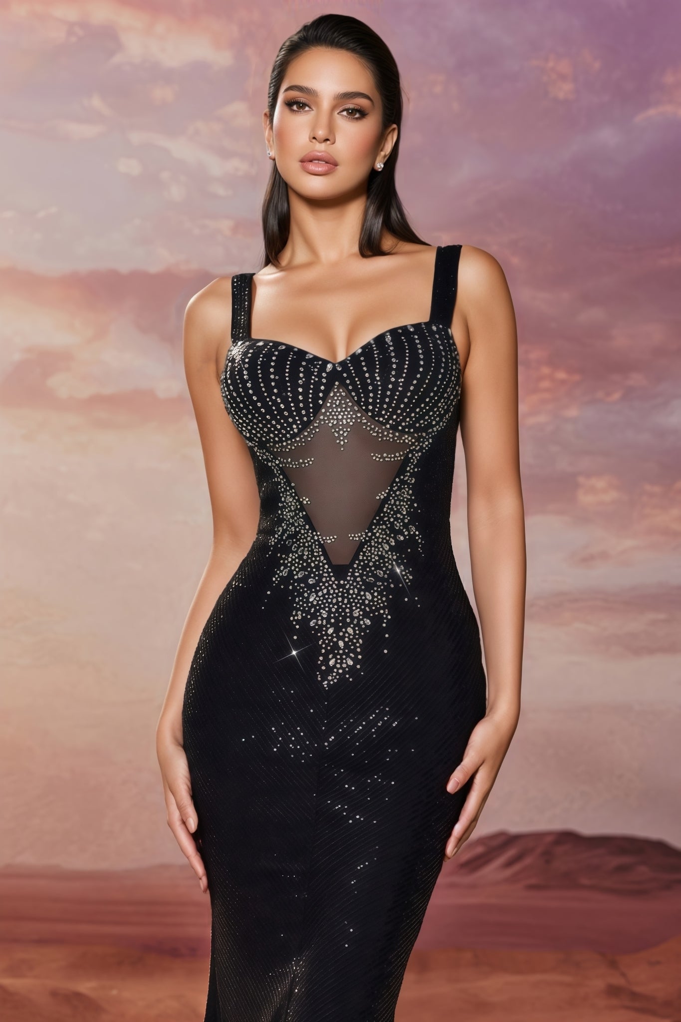 Rhinestone Beaded Mesh Panel Sweetheart Neck Sequin Mermaid Maxi Gown
