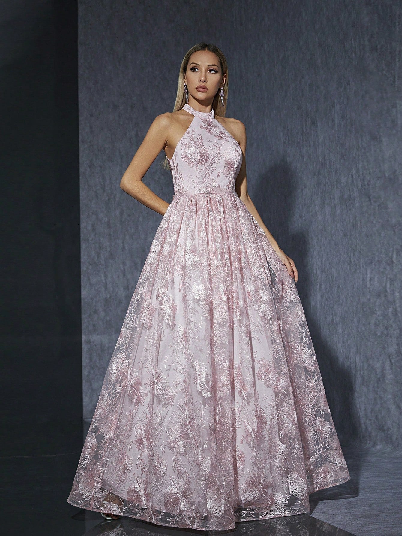 Floral Halter Neck Sleeveless A-Line Maxi Dress