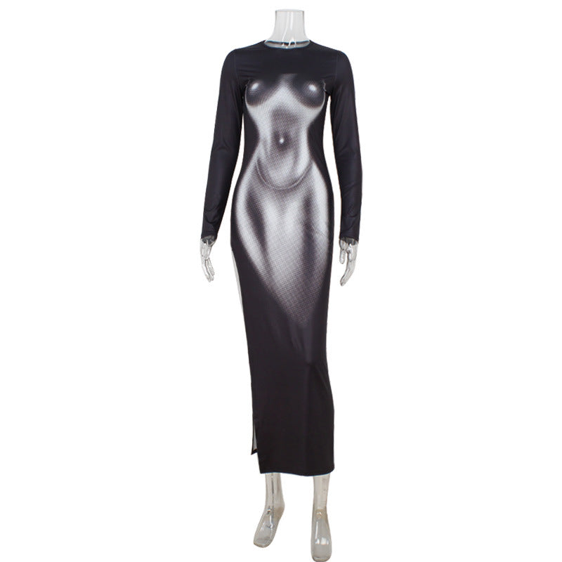 3D Body Print Crew Neck Long Sleeve High Split Bodycon Maxi Dress 2
