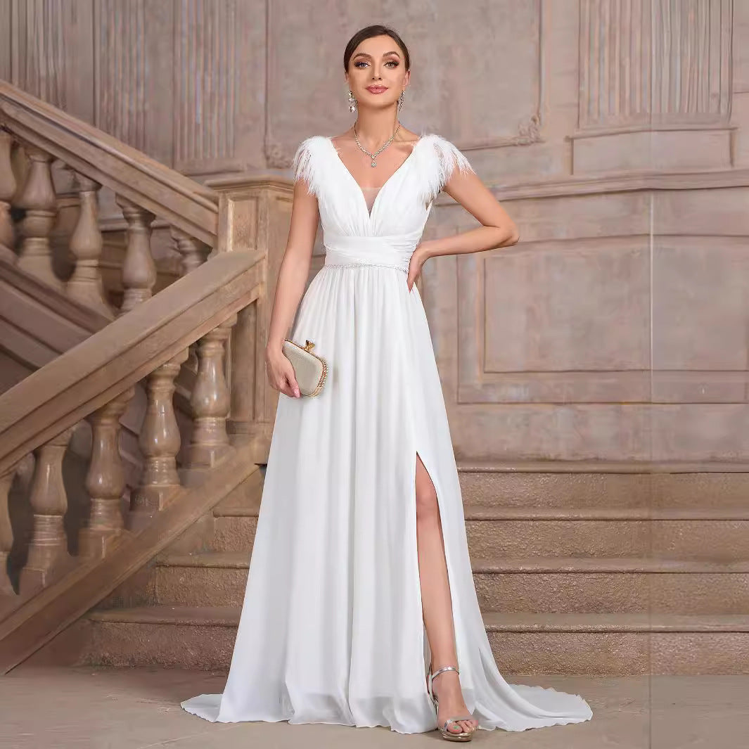 V-Neck Feather Trim Cap Sleeve Chiffon High Split Maxi Gown