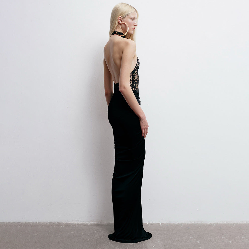 Sheer Cutout Lace Breathable Backless Sleeveless Black Slim Dress - View 3
