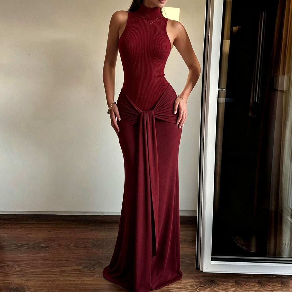 Evening Maxi Dress High Collar Knitted Patchwork Waist Slimming Ribbon Vest for Women