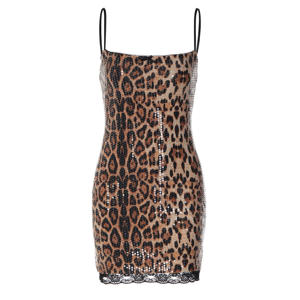 Leopard Sequin Spaghetti Strap Lace Trim Hem Bodycon Mini Dress 5