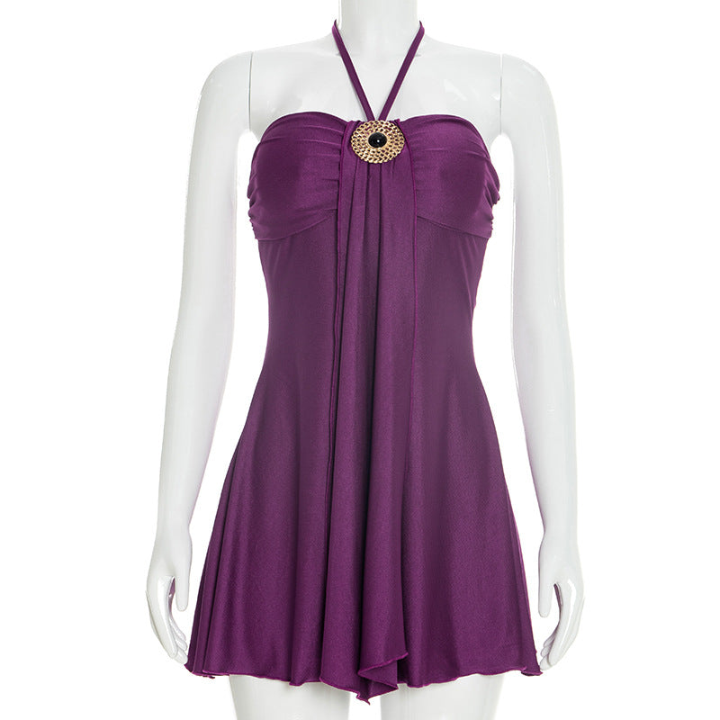 Satin Halter Neck Strapless Brooch Front Drape Flared Mini Dress 3