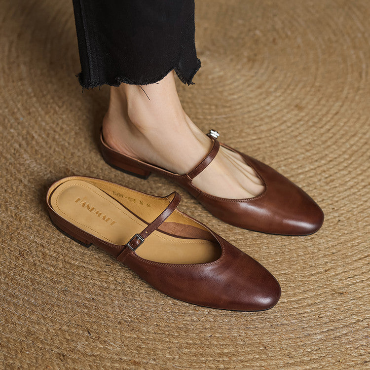 Round Toe Ankle Strap Low Block Heel Mary Jane Flats