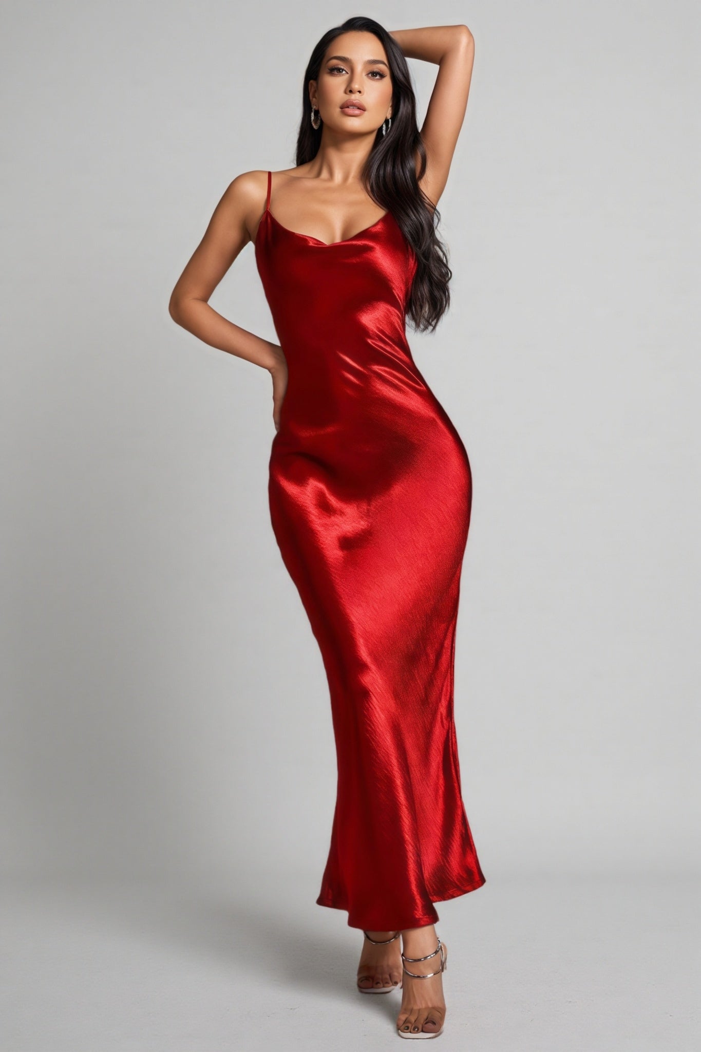 Satin Cowl Neck Spaghetti Strap Fitted Slip Column Maxi Gown