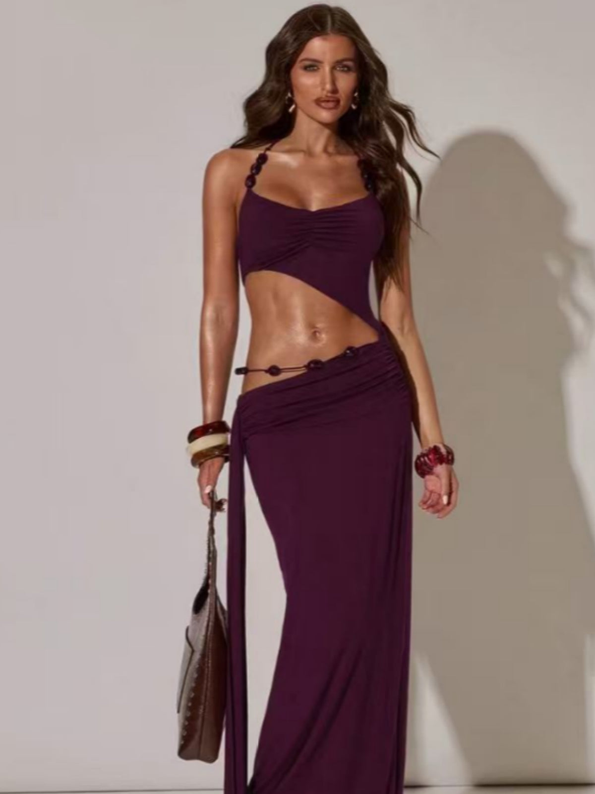 Beaded Halter Strap Ruched Asymmetric Cut Out Maxi Dress 2