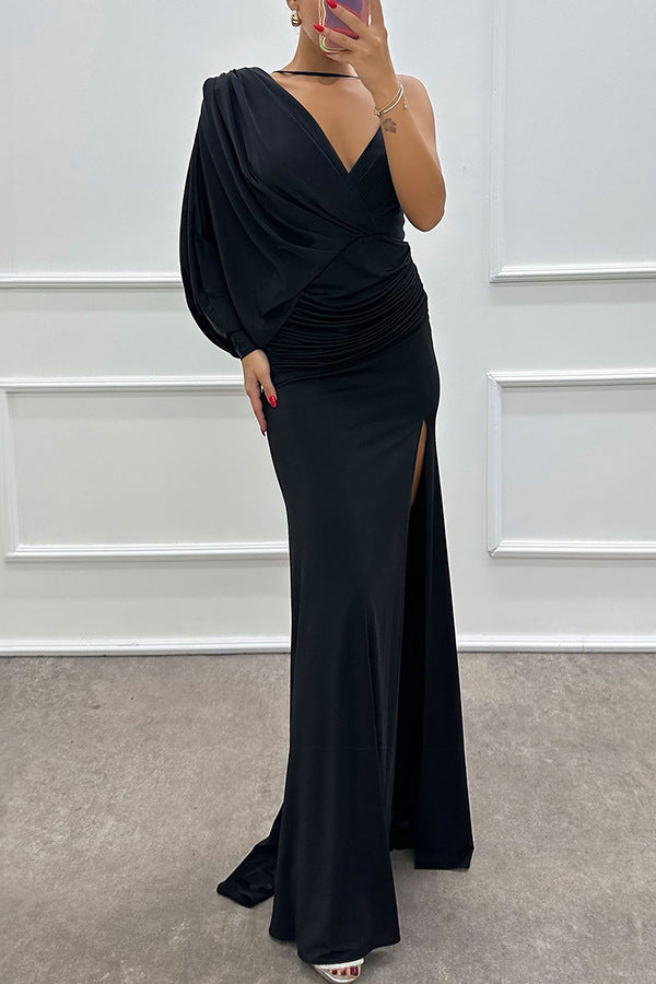 Deep V-Neck One Shoulder Pleated Sleeve Ruched High Split Maxi Gown