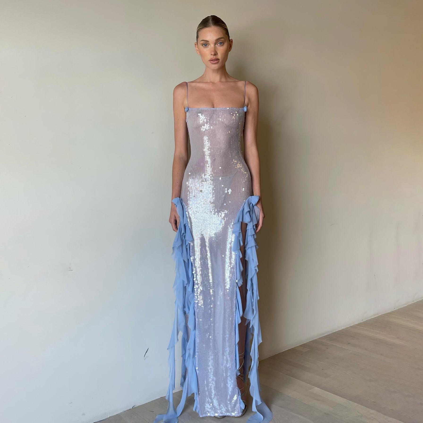 Evening Dress Sexy See through Maxi Dress Sequined Stringy Selvedge Dress Three Dimensional Flower Frayed Dress