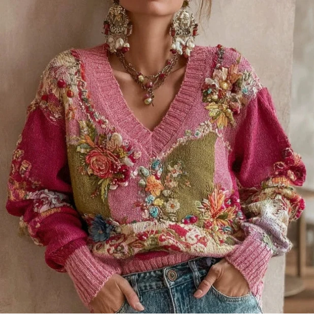 V-Neck Floral Embroidered Knit Sweater