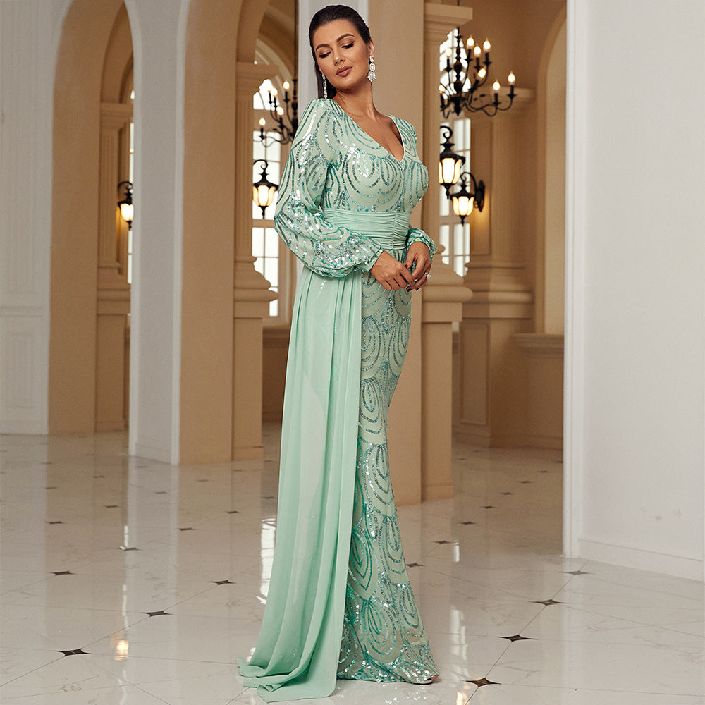 Sequin V-Neck Long Sleeve Mermaid Evening Gown