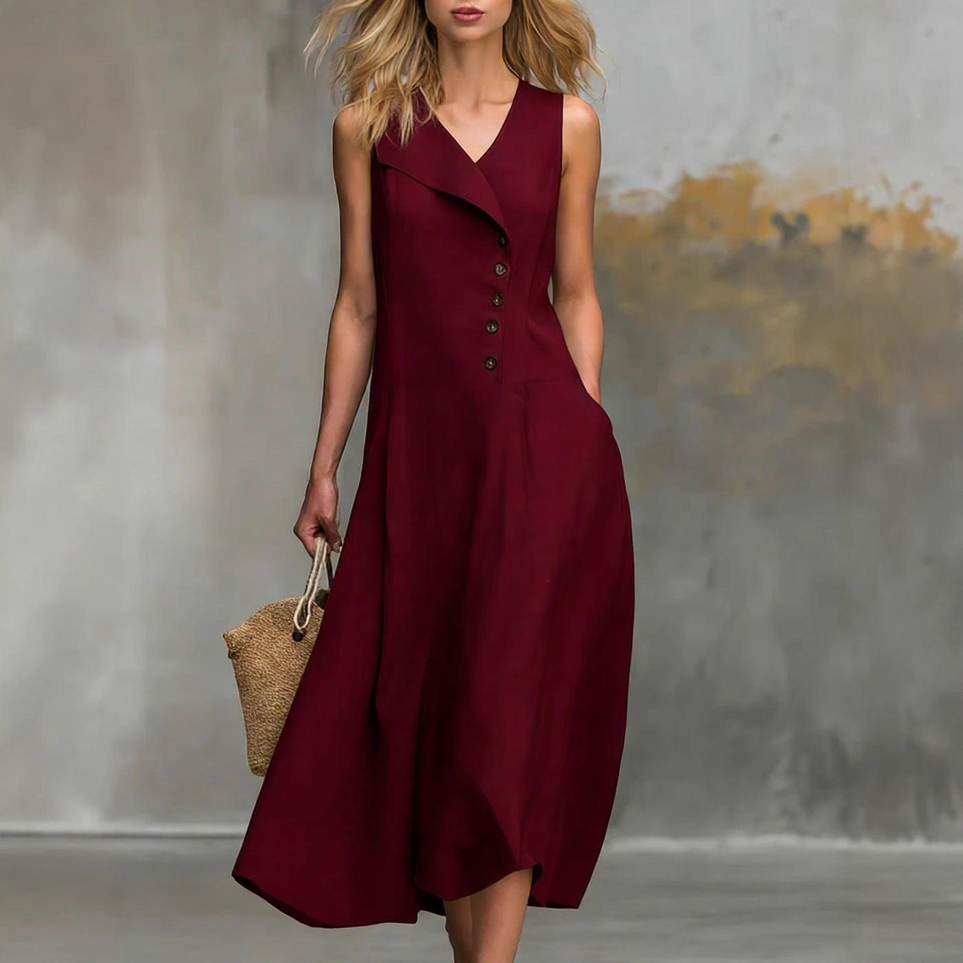 Sleeveless Lapel Button Front A-Line Linen Midi Dress 3