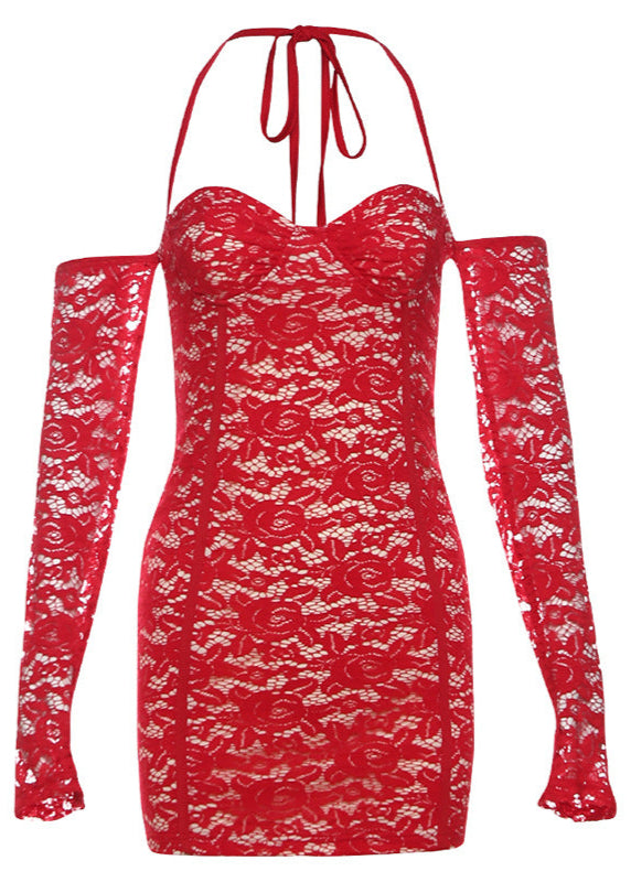 Lace Halter Neck Long Sleeve Bustier Bodycon Mini Dress
