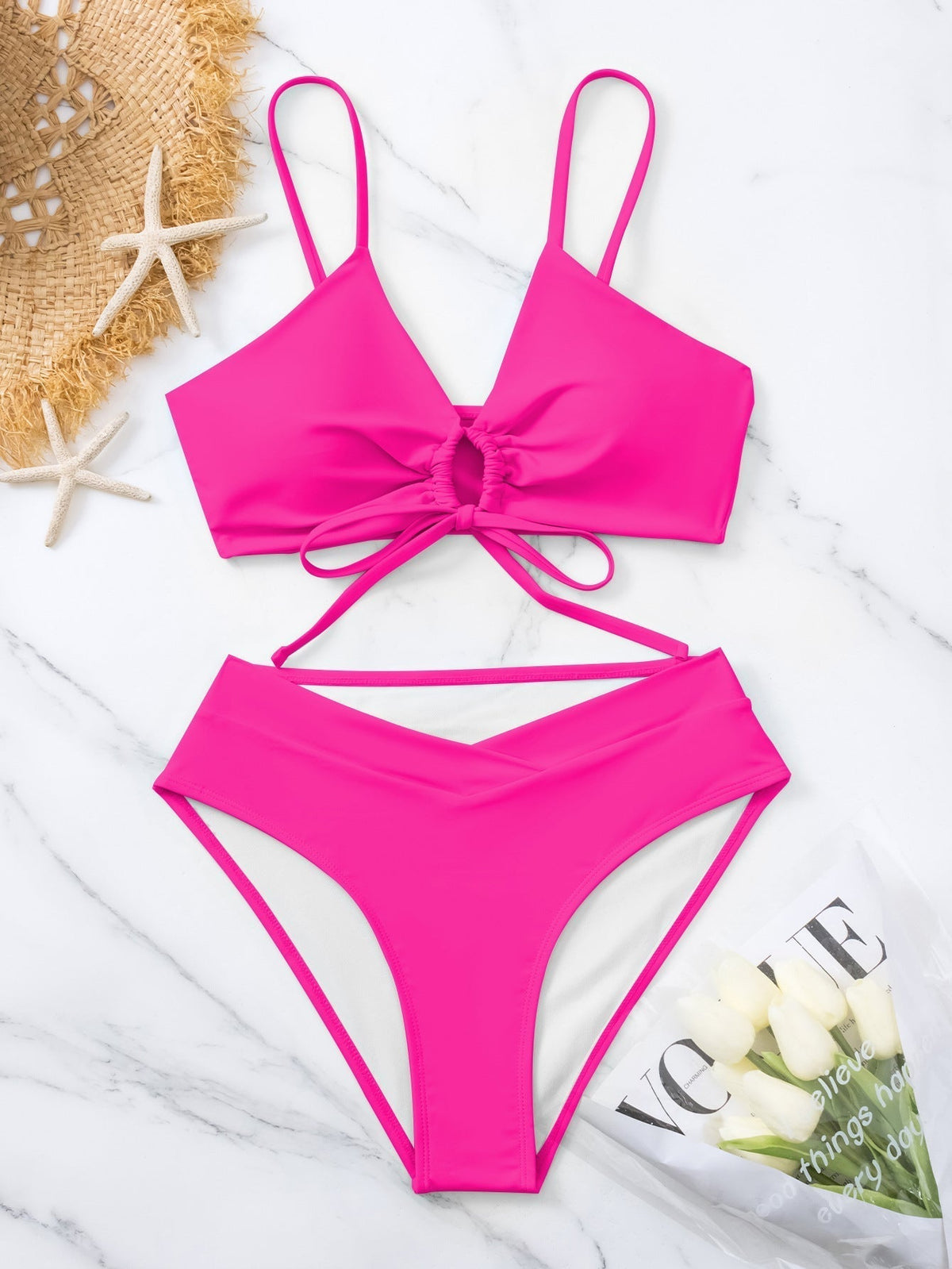 Tie Front Keyhole High Waist Bikini Set