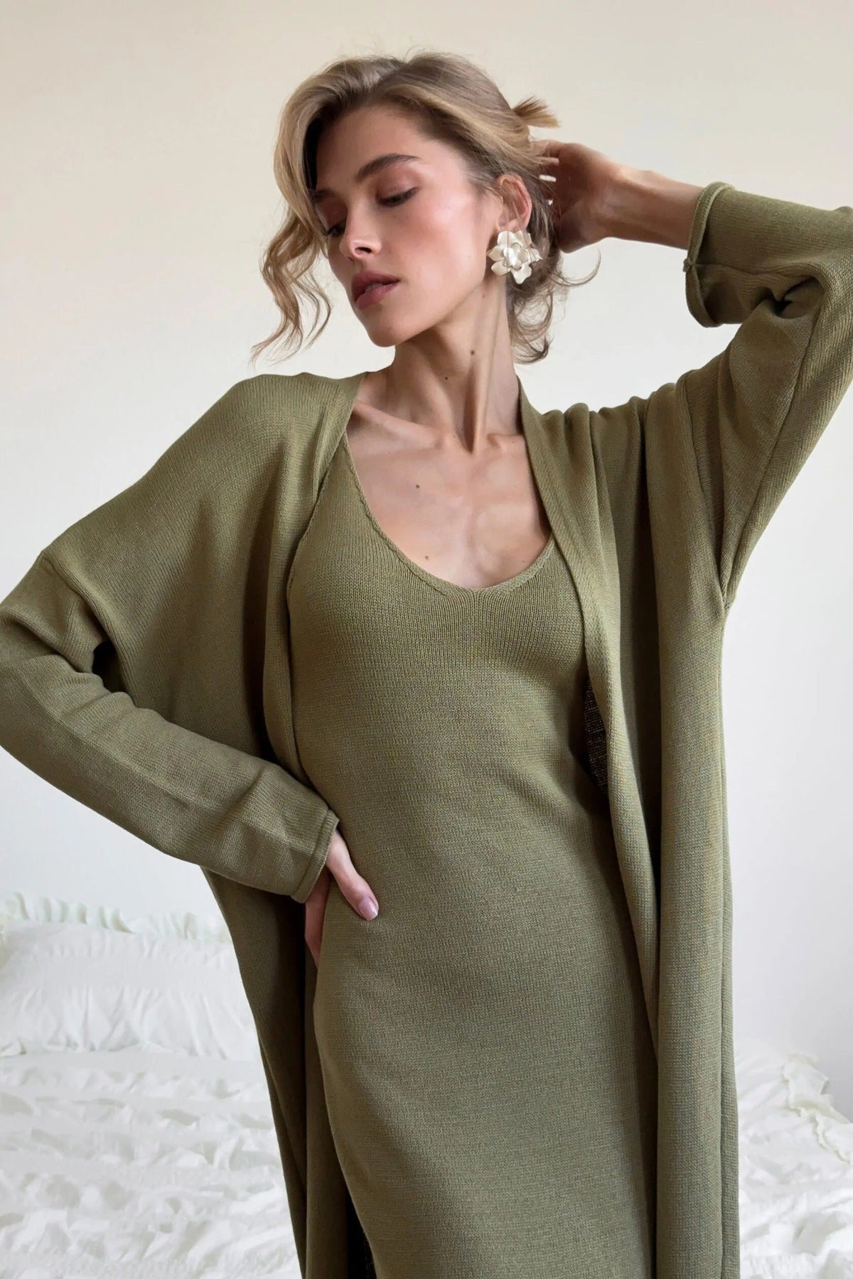 Knit Scoop Neck Cami Maxi Dress and Long Cardigan Two Piece Set 16