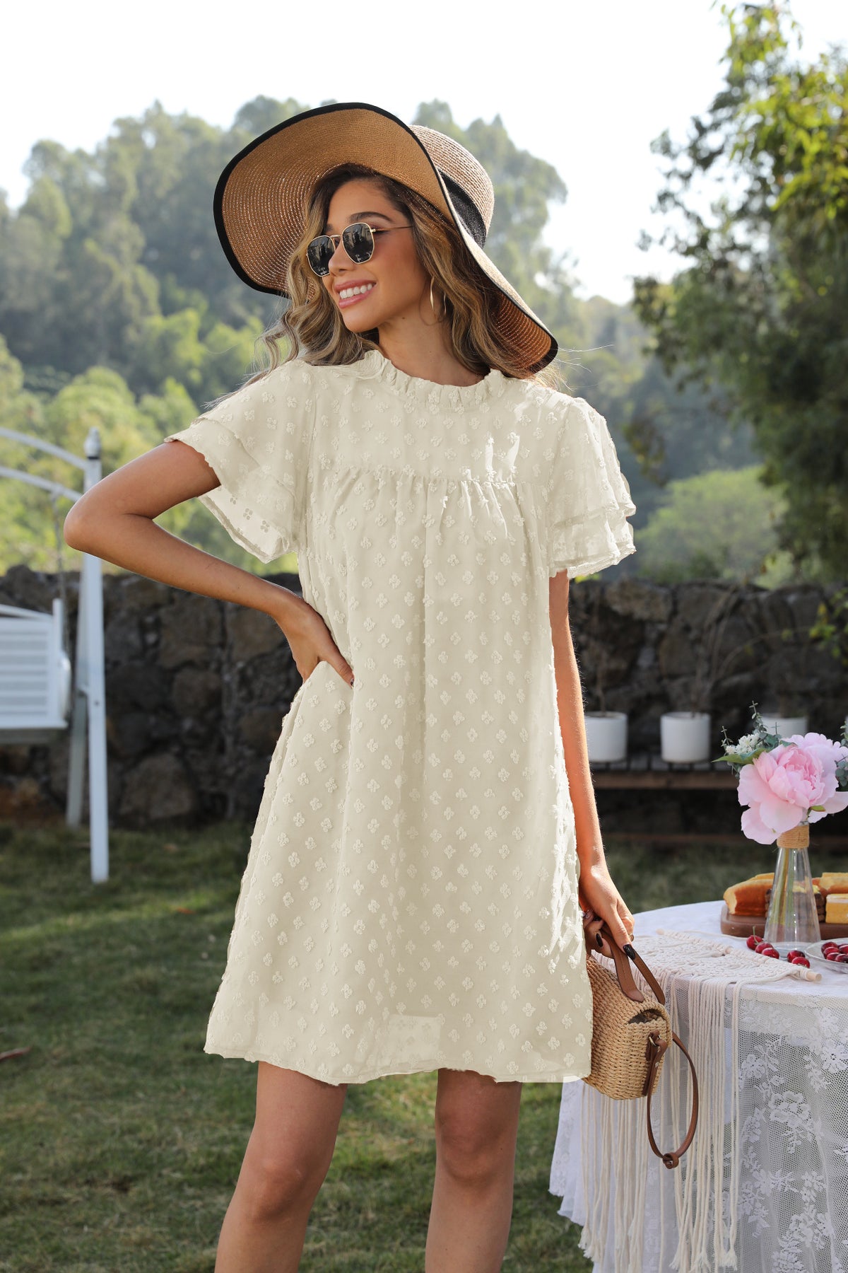 Swiss Dot Ruffle Neck Layered Flutter Sleeve Shift Mini Dress 4