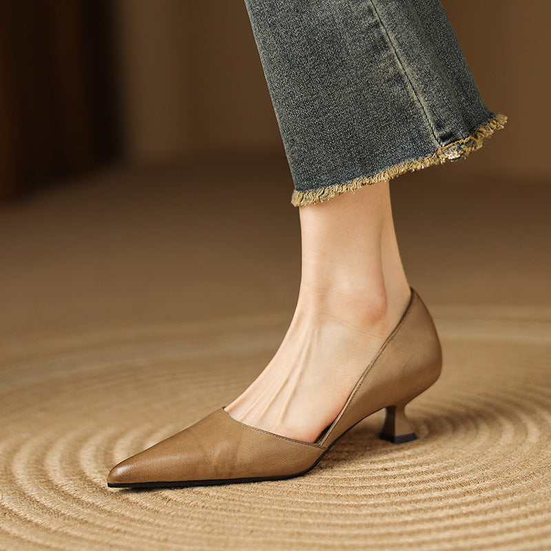 Pointed Toe Slip On Flared Kitten Heel Pumps