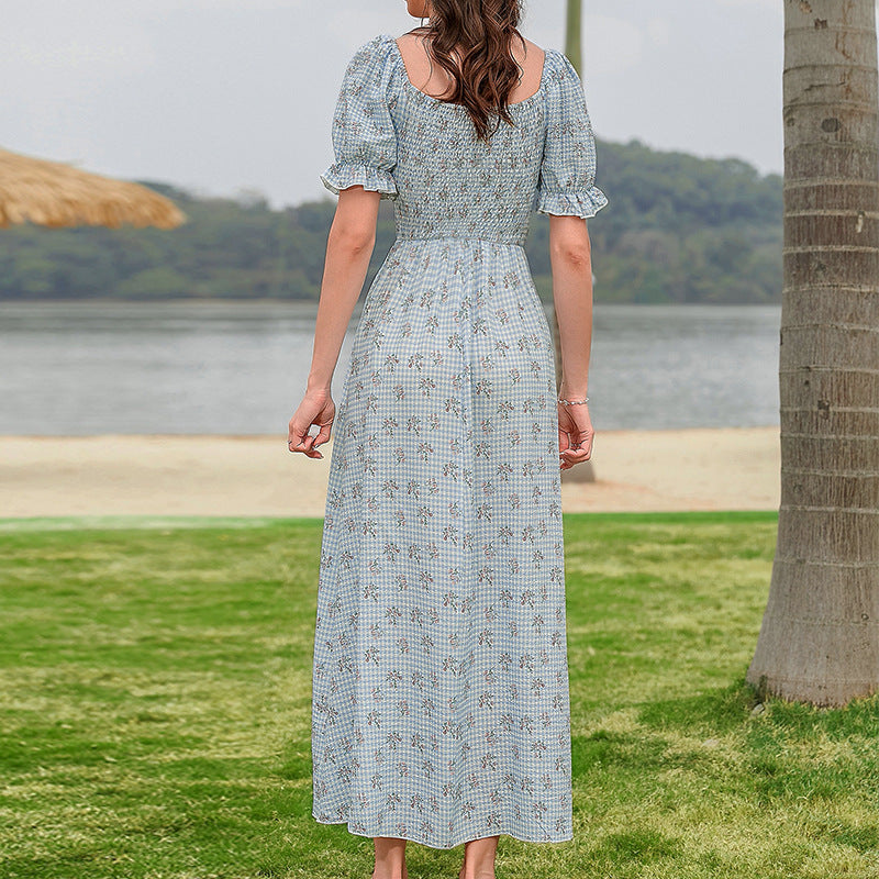 Floral Gingham Smocked Bodice Puff Sleeve Square Neck Maxi Dress 4