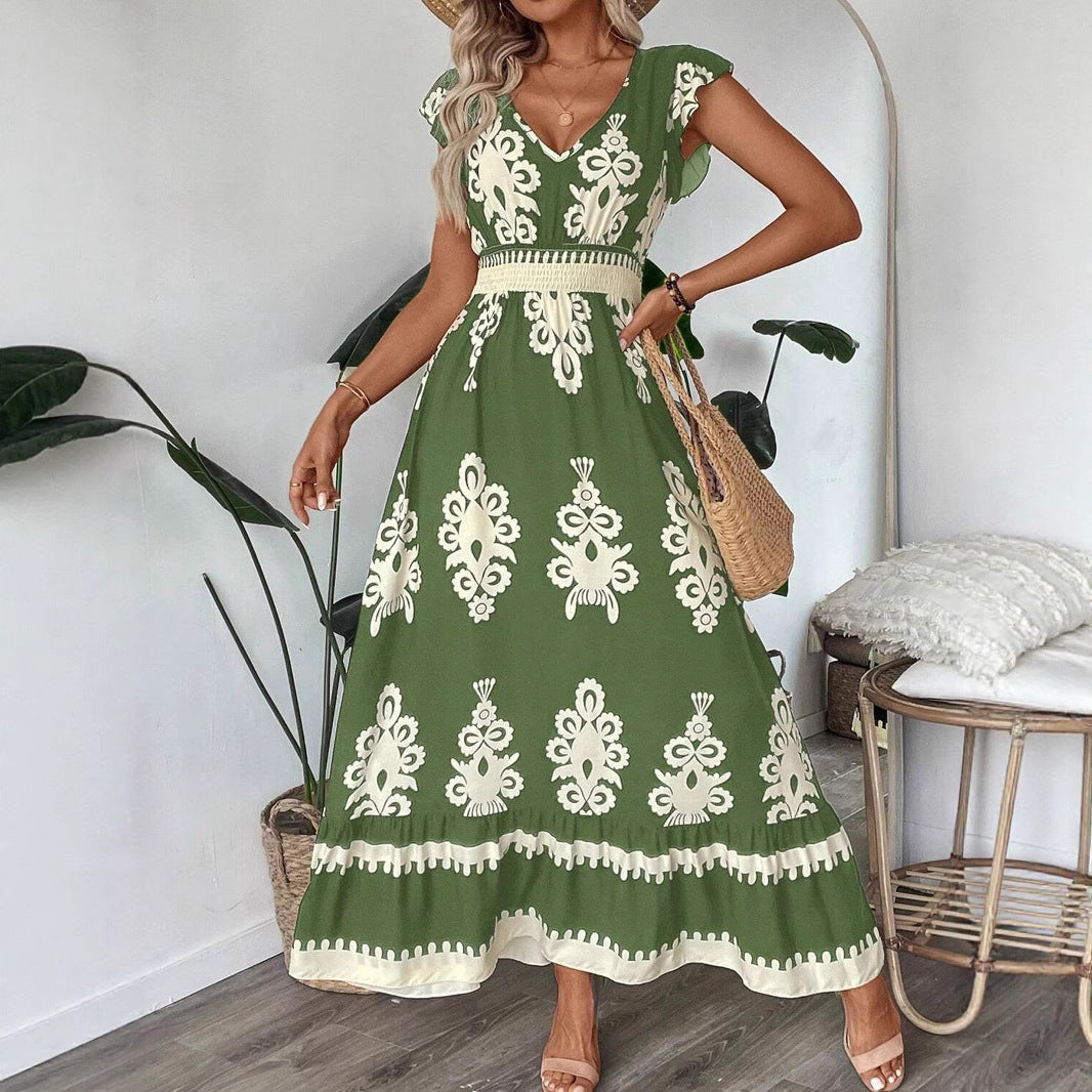 Bohemian Damask Print V-Neck Cap Sleeve Smocked Waist Ruffle Hem Maxi Dress