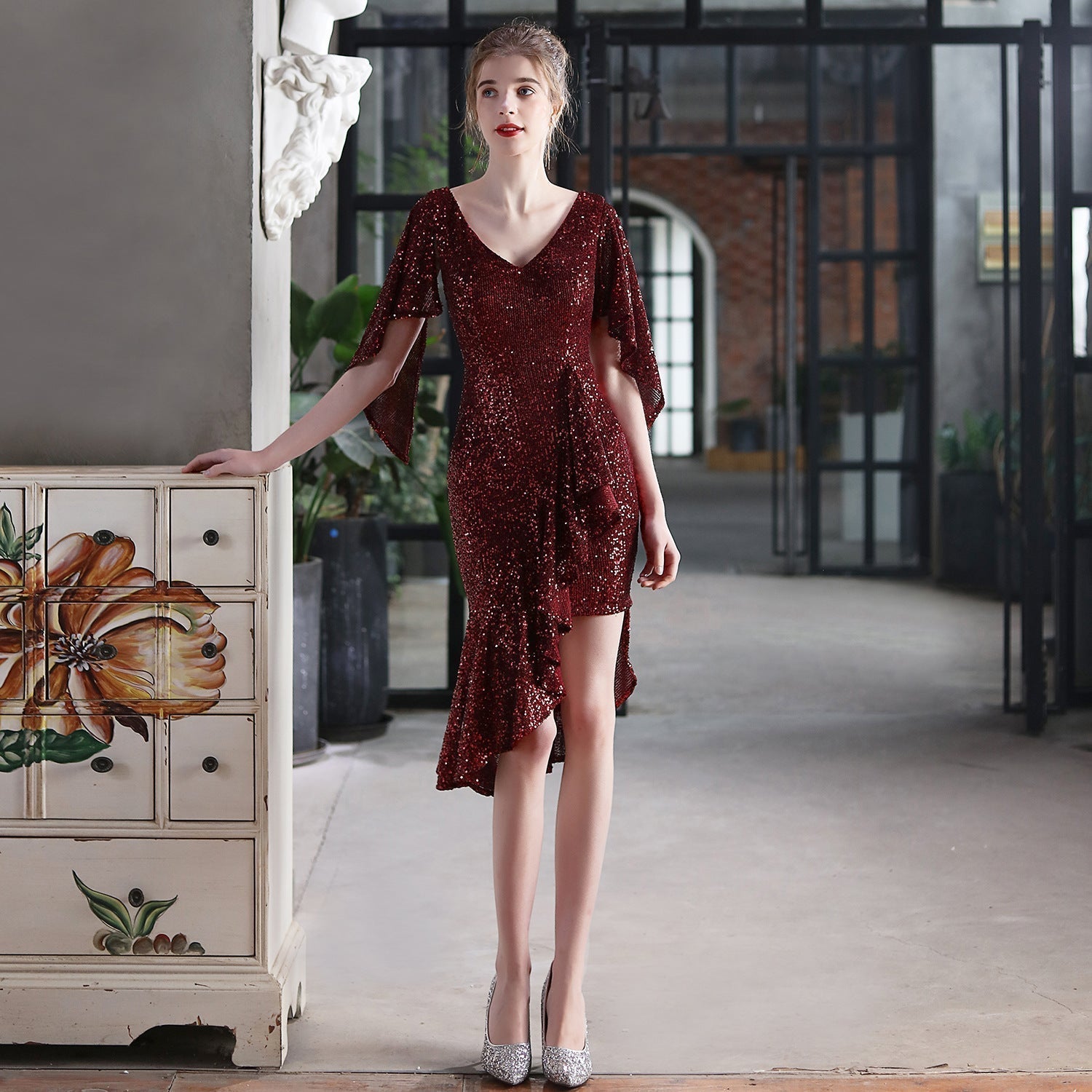 Sequin V-Neck Flutter Sleeve High Low Asymmetric Cocktail Dress