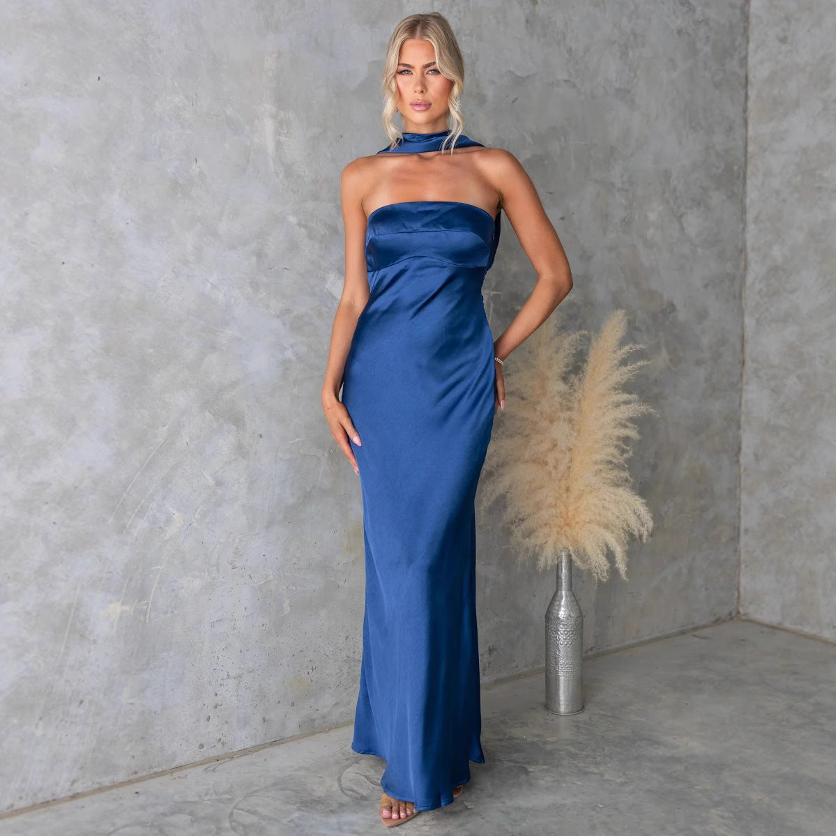 Summer Women Clothing Chic Halter Satin Mercerized Maxi Dress