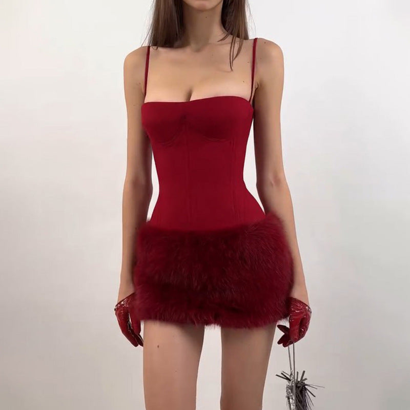 Spaghetti Strap Corset Bodice Faux Fur Hem Bodycon Mini Dress