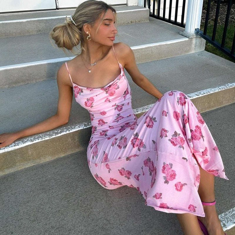 Rose Floral Print Cowl Neck Spaghetti Strap Bodycon Maxi Slip Dress