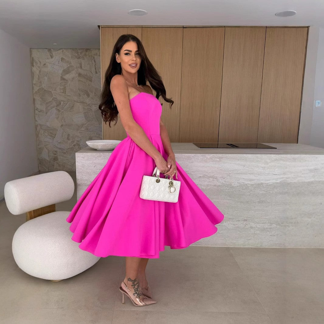 Strapless Fit and Flare Pleated Midi Cocktail Dress