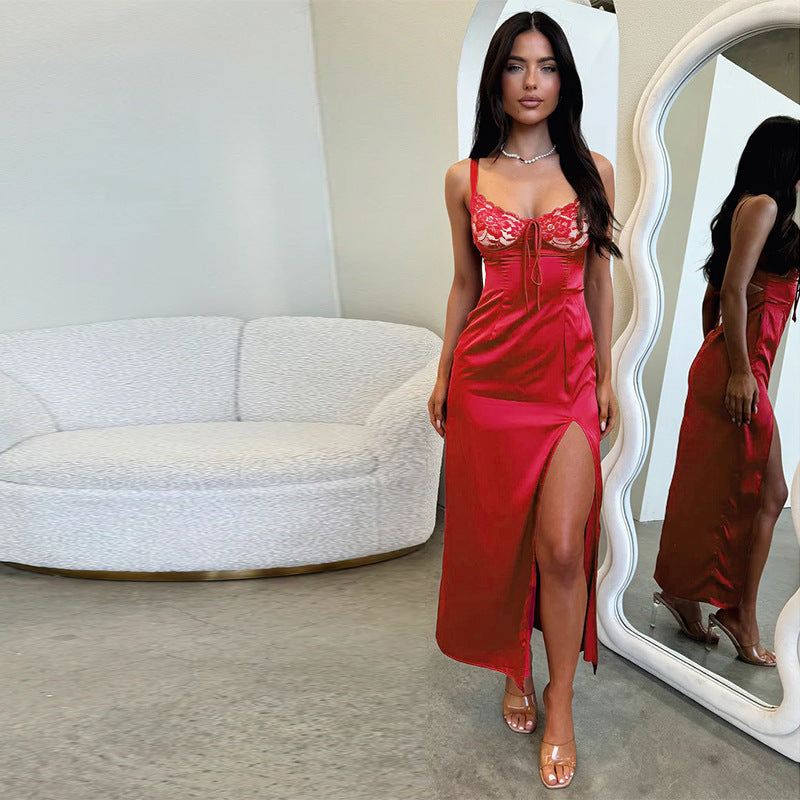 Maxi Dress Socialite Elegant Slim Satin Split Sling Dress - View 2