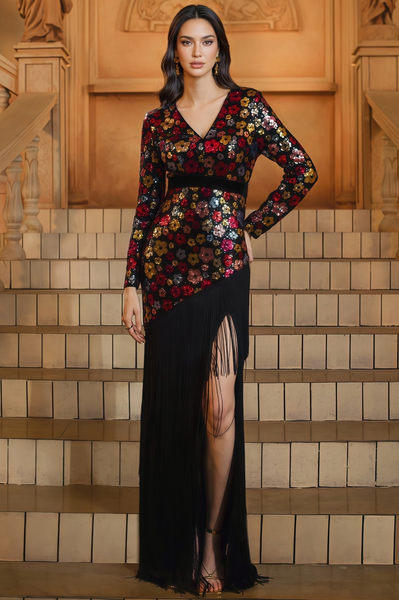 Faelan V-Neck Fringe Sequin Maxi Dress - View 3