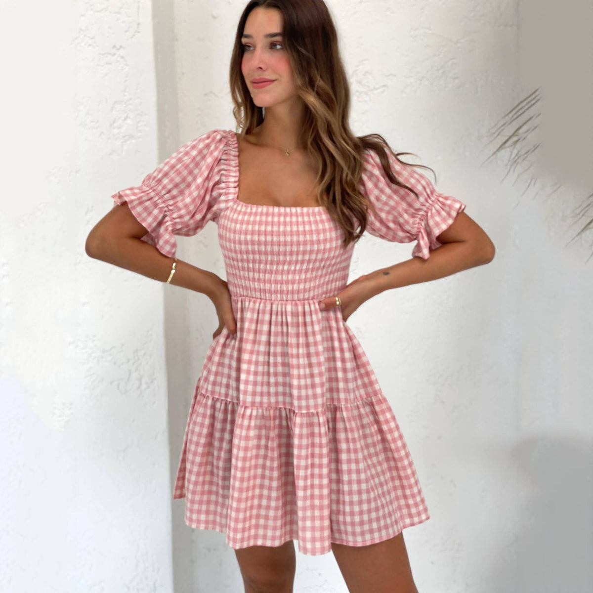 Gingham Square Neck Puff Sleeve Smocked Tiered Mini Dress
