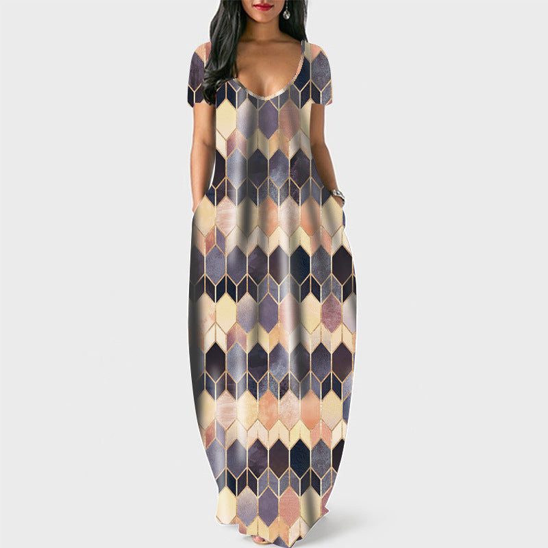 Geometric Print Scoop Neck Short Sleeve Pocket Cocoon Maxi Dress 5