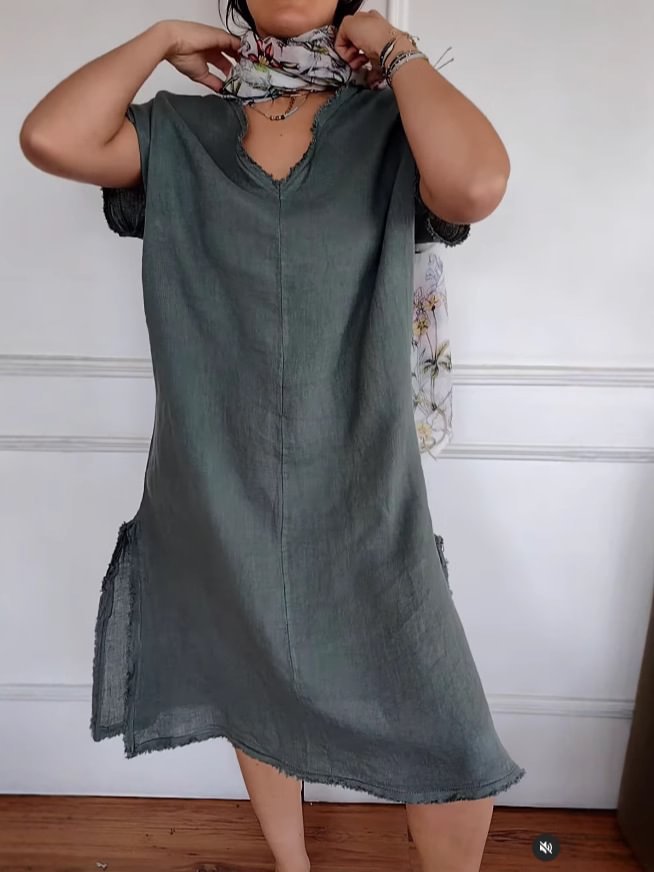 Linen-Look V-Neck Short Sleeve Frayed Edge Side Split Midi Dress 4