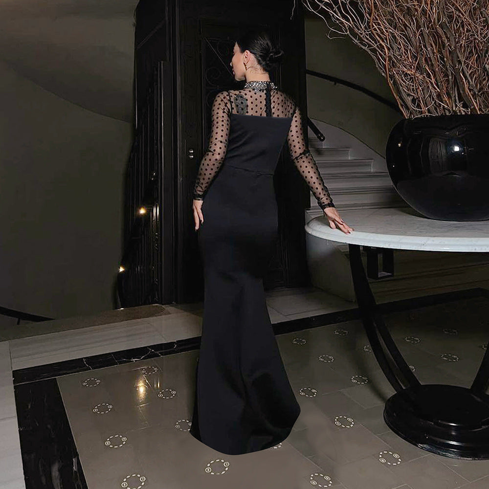Mock Neck Rhinestone Sweetheart Bodice Sheer Dot Mesh Long Sleeve High Split Maxi Gown