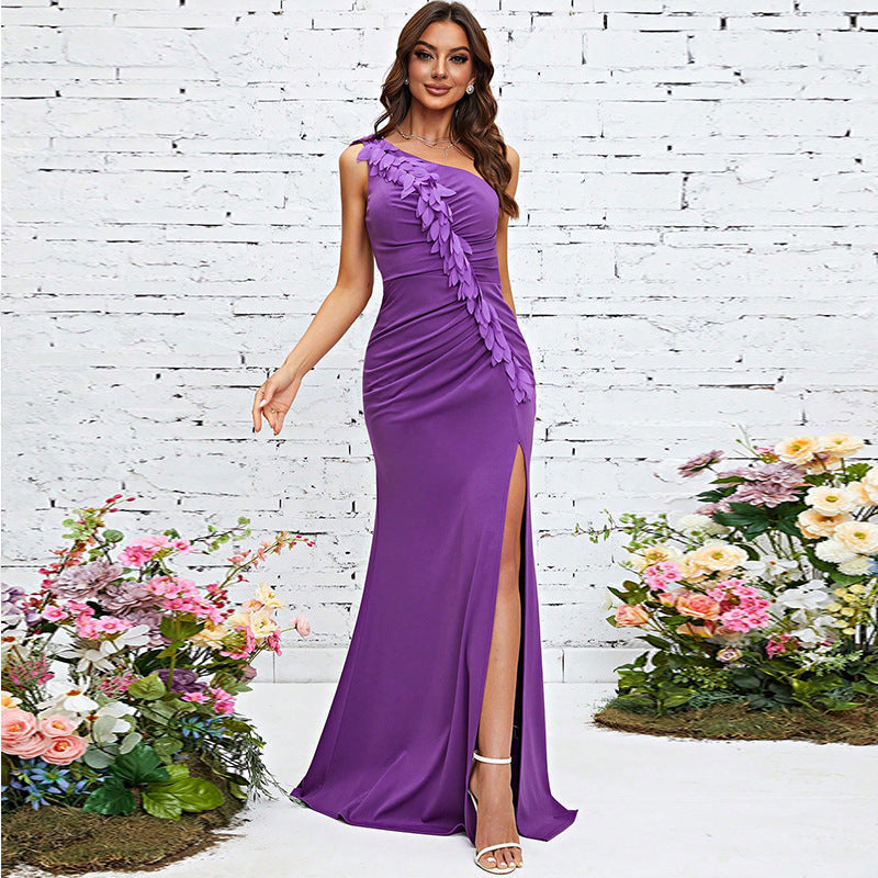 One Shoulder Ruched Petal Applique High Split Mermaid Maxi Dress