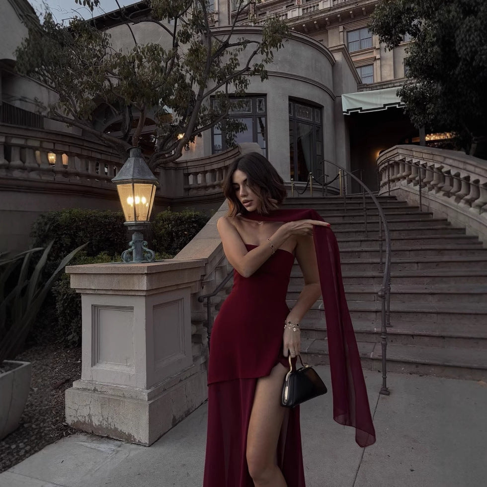 Strapless Tube Choker Neck Asymmetric Bodice Sheer Maxi Dress