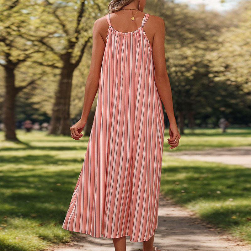 Vertical Striped Tie Neck Sleeveless Loose Fit Midi Sundress 4