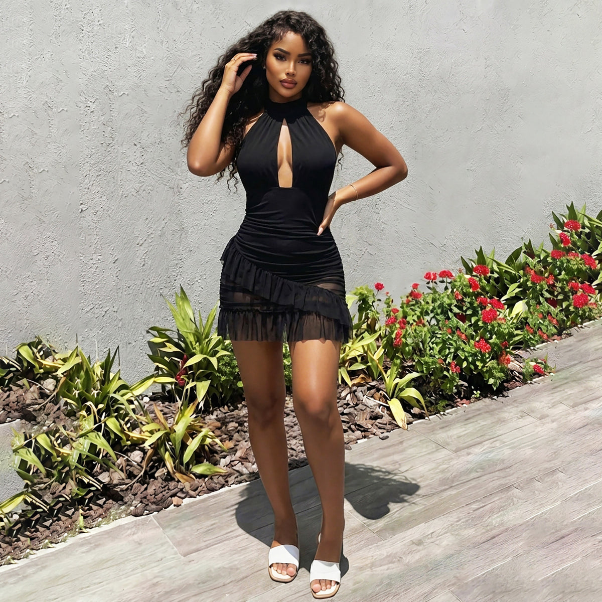 Halter Neck Keyhole Cut Out Mesh Ruffle Hem Bodycon Mini Dress