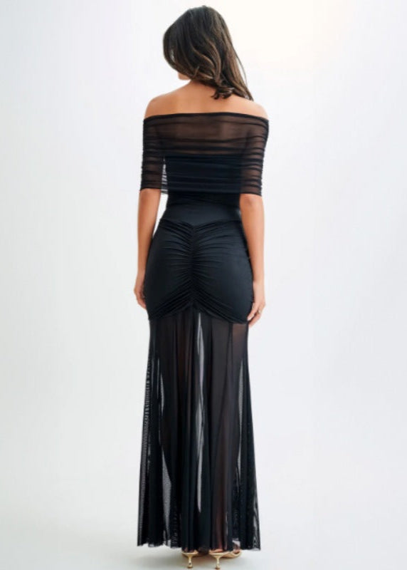 Off Shoulder Ruched Mesh Bust Panel Pleated Mesh Overlay Maxi Gown