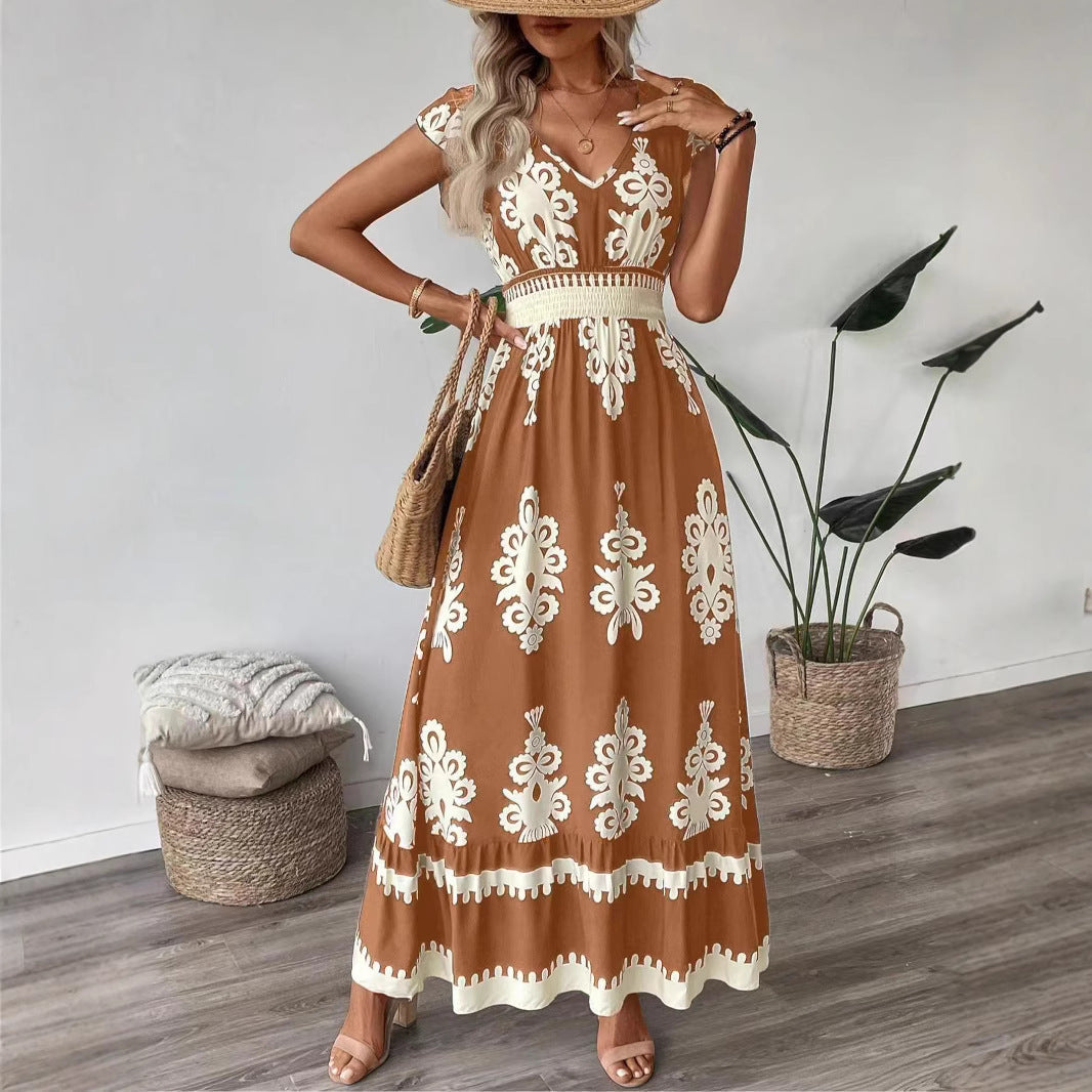 Bohemian Damask Print V-Neck Cap Sleeve Smocked Waist Ruffle Hem Maxi Dress