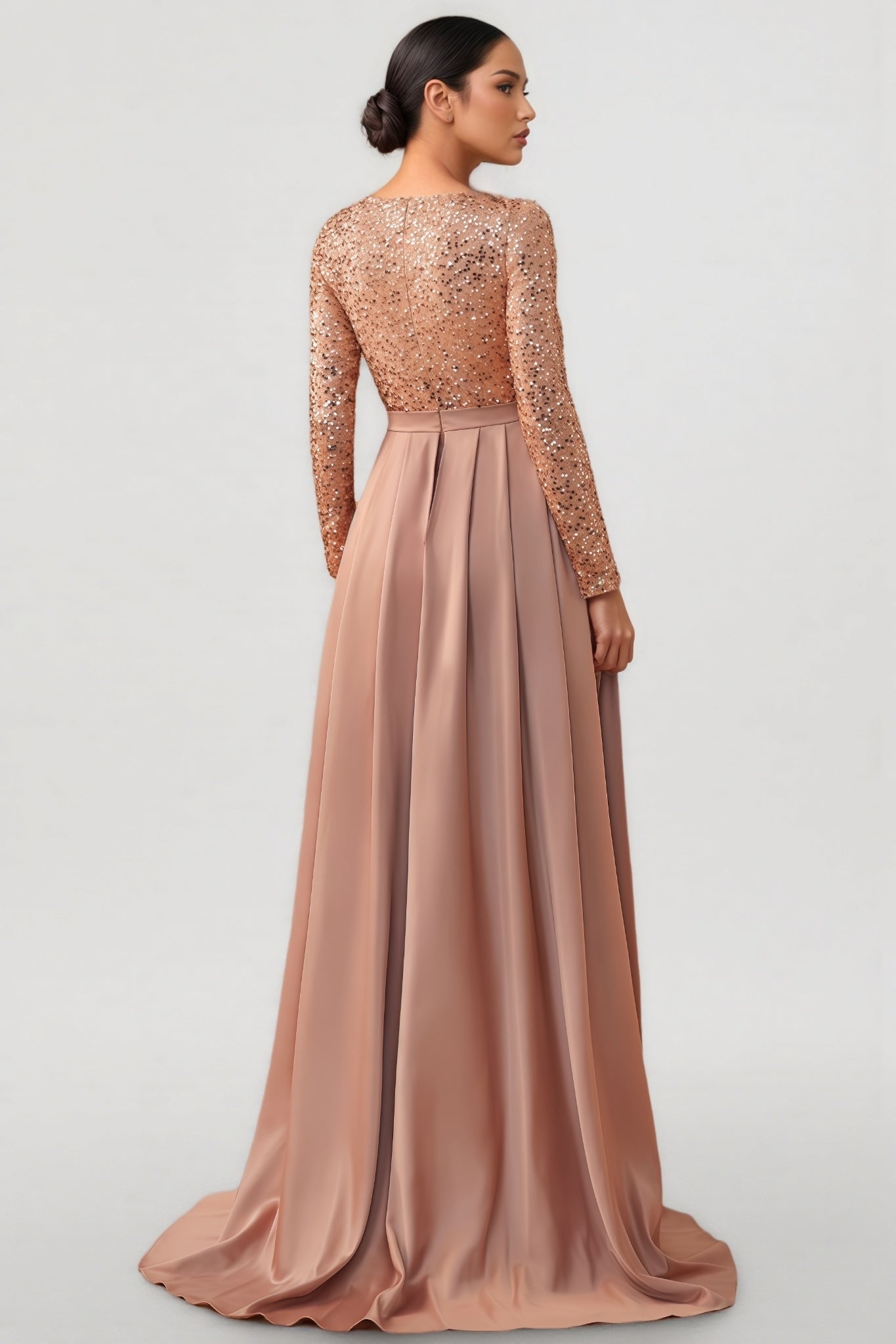 Sequin Long Sleeve Round Neck Satin Maxi Dress
